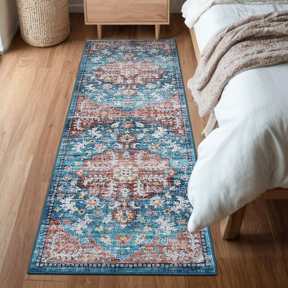 Garvee Boho Hallway Runner Rug 2x6ft Vintage Persian Floral Distressed Rug, Non-Slip Low Pile Long Rug Oriental Carpet for Living Room Bedroom Laundry, Blue