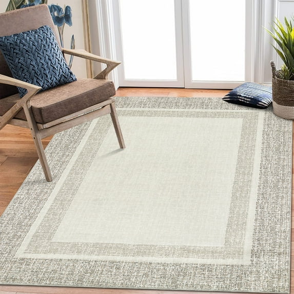 Garvee Bordered Area Rug 5'x7' Modern Border Low Pile Non Slip Area Rug for Dorm Nursery, Beige