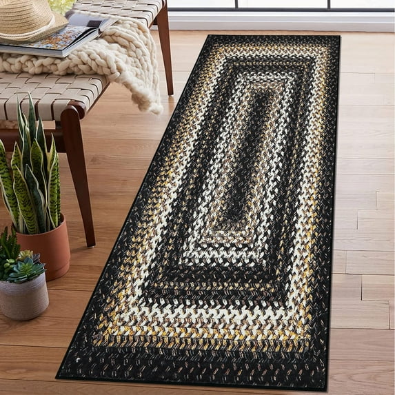 Garvee Braided Printed Runner Rug 2x6 Washable Boho Runner Rug Modern Rustic Geometric Rug Runner for Laundry Kitchen, Black