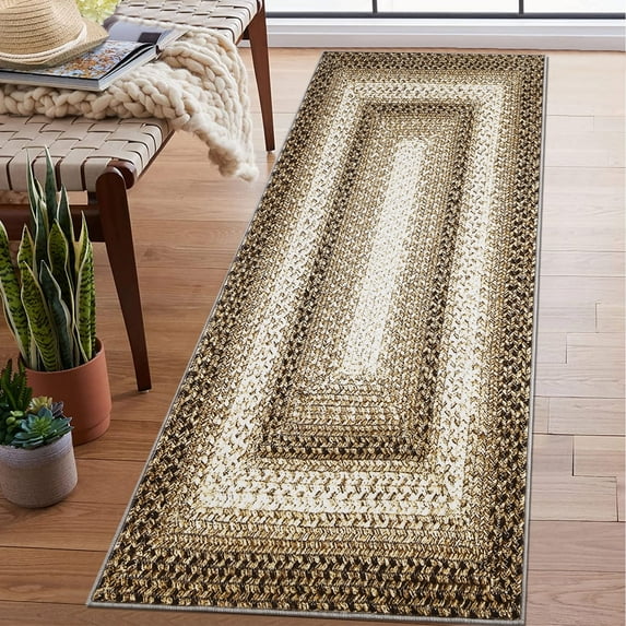 Garvee Braided Printed Runner Rug 2x6 Washable Boho Runner Rug Modern Rustic Geometric Rug Runner for Laundry Kitchen, Taupe