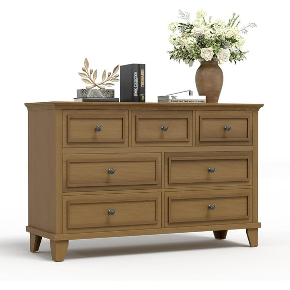 Garvee Brown Dresser for Bedroom, 7 Drawer Dresser, Wooden Chest of Drawers with Deep Drawers, 47" Long Dressers TV Stand, Modern Dressers Organizer with Vintage Handle for Living Room, Hallway