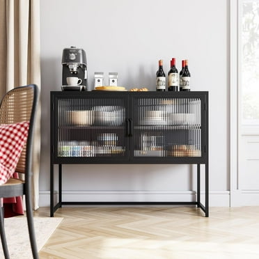 Garvee Buffet Cabinet with Glass Doors, Adjustable Shelves Sideboard Storage Cabinet for Kitchen, Living Room, Dining Room, Freestanding Black Cabinet