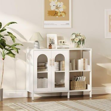 Garvee Buffet Sideboard Cabinet with Adjustable Shelves, Wooden Storage Cabinet with Glass Doors & Metal Handles, Modern Sideboard for Living Room, Dining Room, White