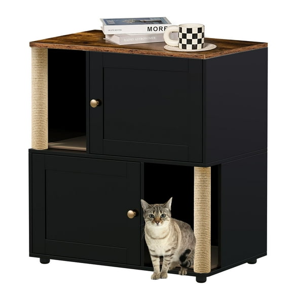 Garvee Cat Litter Box Enclosure for 2 Cats, Litter Box Enclosure with Double Room, Hidden Enclosed Cat Litter Box Furniture with Scratch Posts and Double-Layer Litter Mats