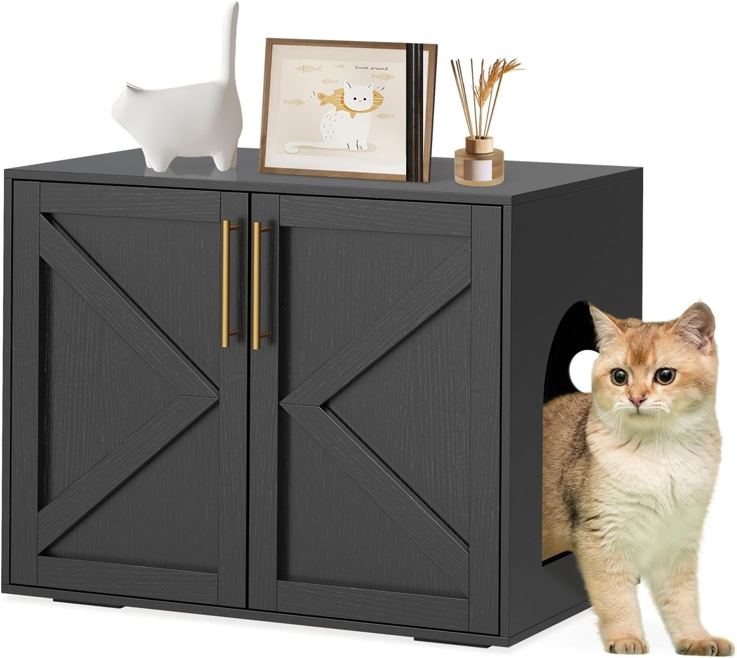 Black Wooden Freestanding Cat Litter Box Enclosure with Double Doors