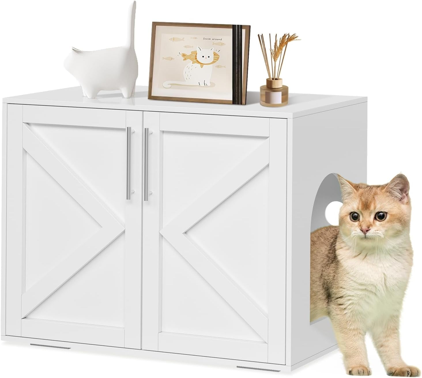 Garvee Cat Litter Box Enclosure, Hidden Cat Litter Box Cabinet with Double Doors, Ventilation, and Cushion Pads, Farmhouse Wooden Kitty Furniture for Cats and Small Pets, White
