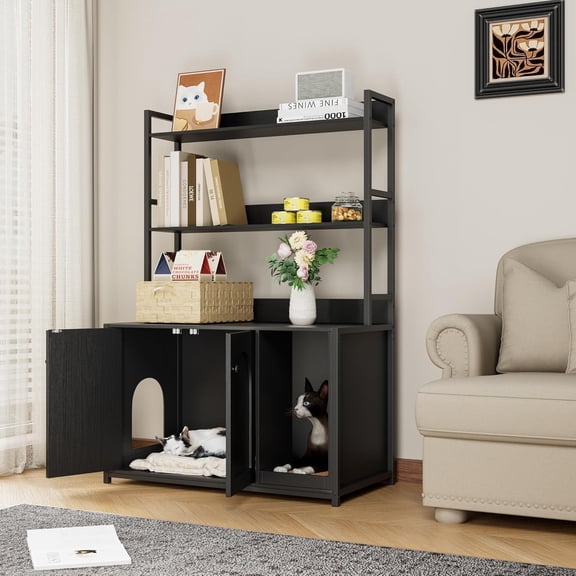 Garvee Cat Litter Box Furniture Hidden Litter Box Furniture with Shelves and Doors 3 Layers Storage Shelf for Most of Litter-Box Black 52 Inch