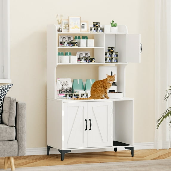 Garvee Cat Litter Box Furniture, Large Hidden Cat Box Enclosure with Shelf Storage, Wood Cat Washroom Storage with Scratching Pad, Indoor Cat House Furniture, Fit Most of Litter Box Cabinet
