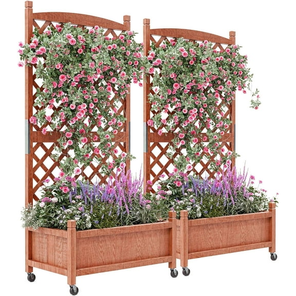 Garvee Cedar Garden Bed Kit with Trellis, Drainage Holes & Wheels, 29.52 x 12.99 x 61.41", 2 Pack