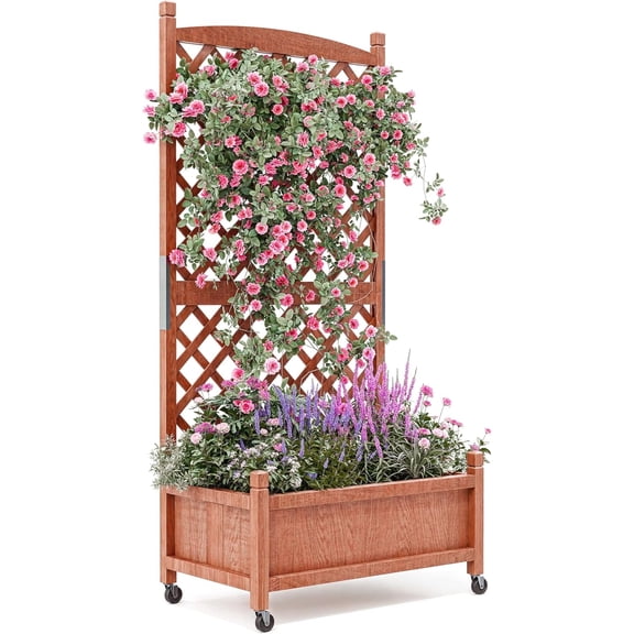 Garvee Cedar Garden Bed Set with Trellis, Drainage Holes & Wheels, 29.52 x 12.99 x 61.41 "
