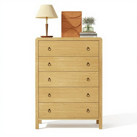 Garvee Chest of Drawers with 5 Drawers, 29.92 x 15.7 x 47.24", Iron Ring Handle, Oak