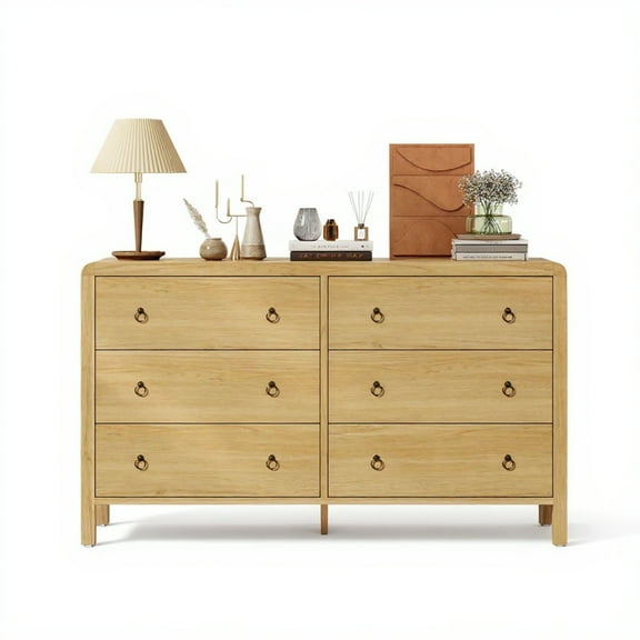 Garvee Chest of Drawers with 6 Drawers, 47.24 x 15.7 x 30.43", Iron Ring Handle, Oak