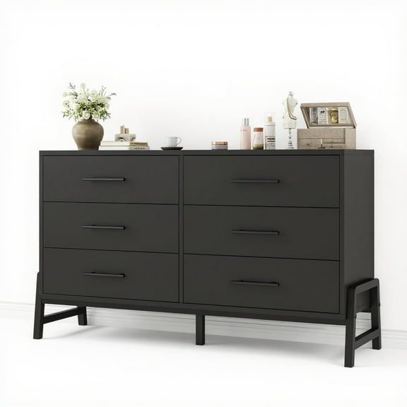 Garvee Chest of Drawers with 6 Drawers, 52 x 16 x 32", with Iron Stand, Black