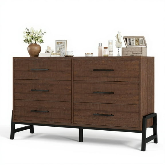 Garvee Chest of Drawers with 6 Drawers, 52 x 16 x 32", with Iron Stand, Brown