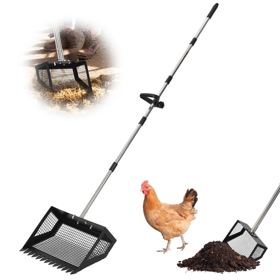 Garvee Chicken Poop Scooper and Rake 2-in-1, 15'' Wide Chicken Coop Scoop with 24'' - 68.8'' Adjustable Handle for Pet Waste Cleaning, Metal Sifting Shovel, Heavy Duty Cleaning Tools, Black