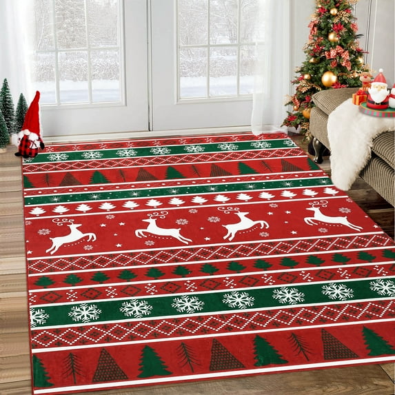 Garvee Christmas Area Rugs 5x7 Living Room Rug, Washable Rug Indoor Non-Slip Low Pile Carpet Xmas Decorative Rugs for Bedroom Holiday Decor, Red