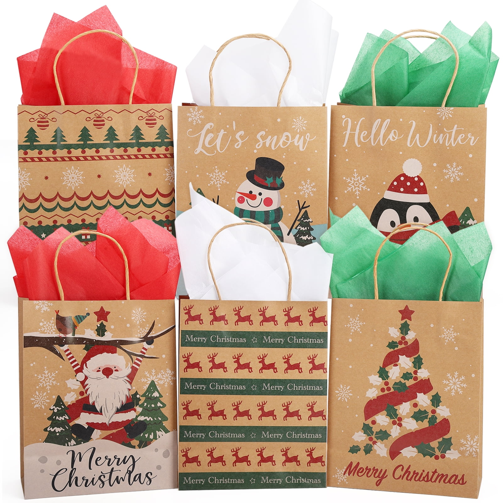 Garvee Christmas Gift Bags with Tissue Paper, 30 PCS Christmas Kraft Wrap Bags with Handles, 6