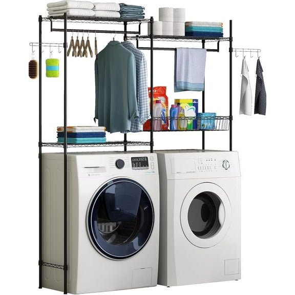 Garvee Clothes Drying Rack, Over Washer and Dryer Laundry Room Bathroom Towel Storage Shelf, Space Saver with Adjustable Shelves, Wire Basket, and Rotatable Side Hooks, 57.4"W, Black