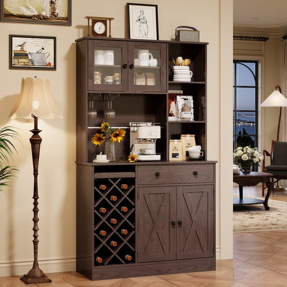 Garvee Coffee Bar Cabinet with Power Outlet – Barn Doors, Wine Rack, Buffet Sideboard Storage – For Kitchen, Dining Room, Home Bar – Black Walnut