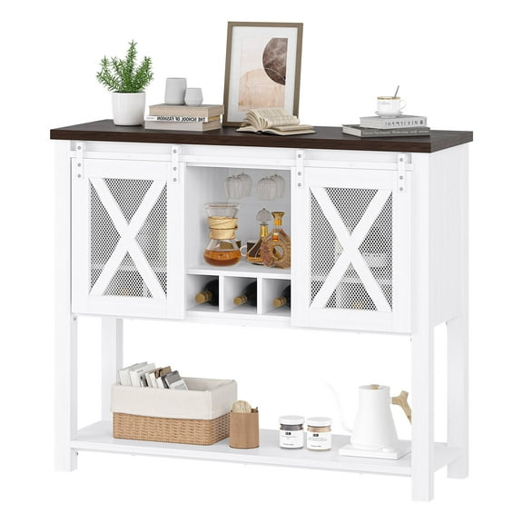 Garvee Coffee Bar Cabinet with Sliding Barn Doors, Open Shelf, White & Brown