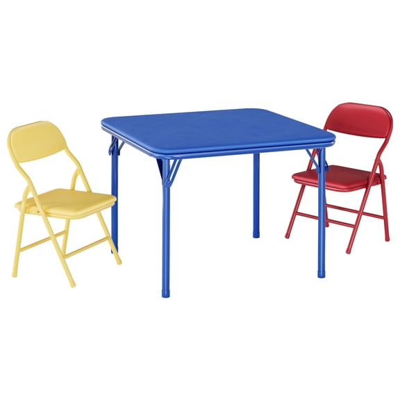 Garvee Collapsible Kids Table and Chairs Set – Ultra-Soft Cushions, Square Table – Durable Metal Frame – Great for Study, Play, Dining – Blue Table + Red & Yellow Chairs – 1 Table + 2 Chairs