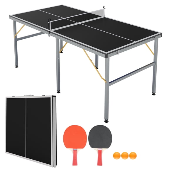 Garvee Collapsible & Portable 6x3FT Ping Pong Table Set – Includes Net, 2 Table Tennis Paddles, 3 Balls, Weatherproof, Indoor/Outdoor Mini Table Tennis Game – Color: Black