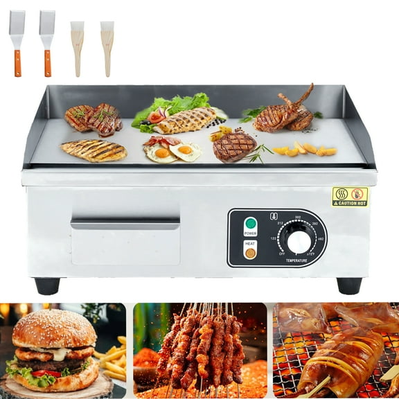 Garvee Commercial Electric Grill, 14" Countertop Non-Stick Teppanyaki Flat Grill with Oil Brush & Shovel, Adjustable Temperature, Silver