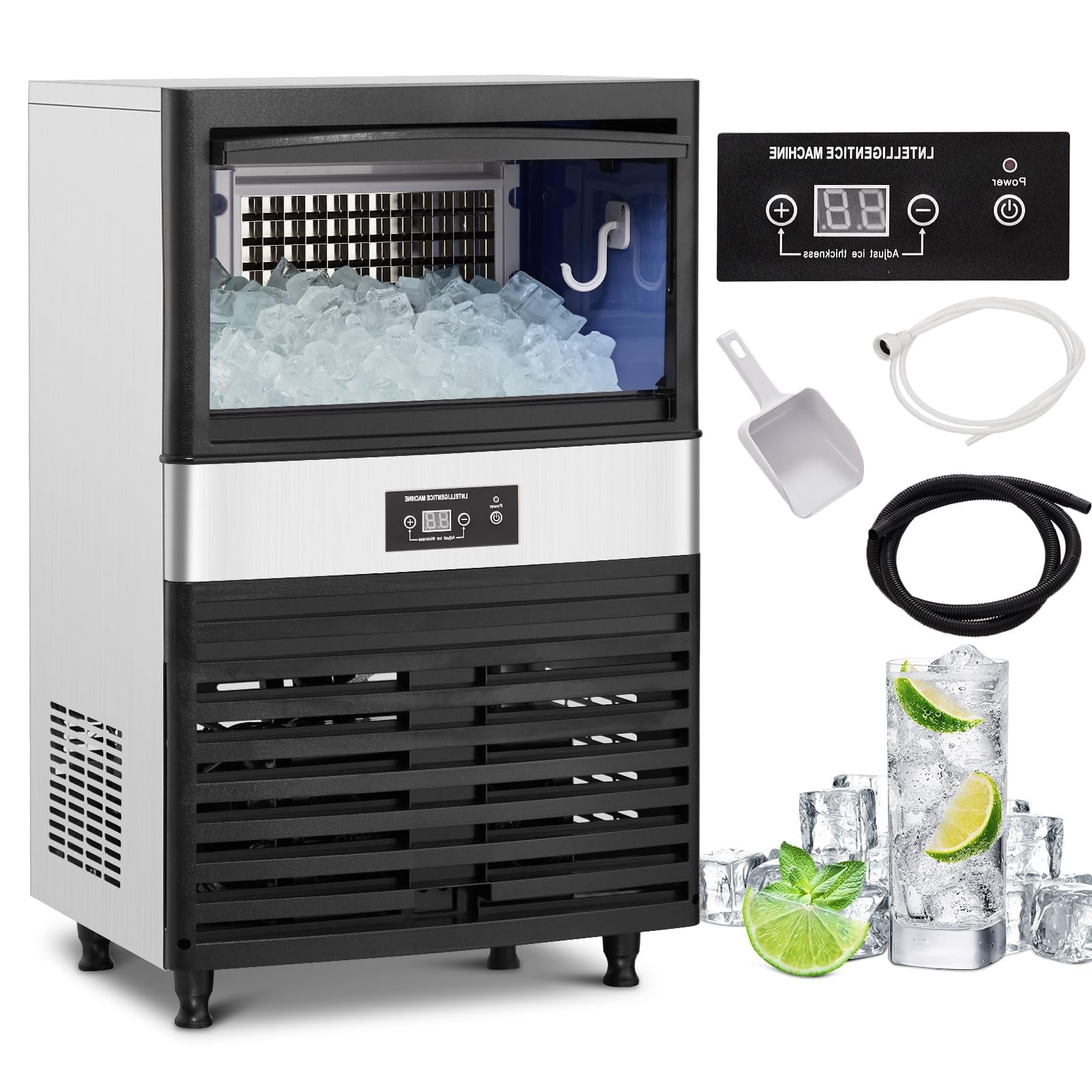 Garvee Commercial Ice Maker Machine, Under Counter Ice Machine Produce 130lbs in 24Hrs, Stainless Steel Commercial Ice Maker with 33lbs Storage Capacity, Each Tray Makes 45 Ice Cubes