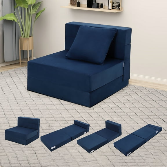 Garvee Convertible Folding Sofa Bed with Pillow - Modern Futon Floor Couch, Memory Foam Sleeper Chair for Living Room & Home Office, Single, Blue