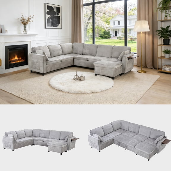 Garvee Convertible Sectional Couch with Pull-Out Sleeper Bed, 5-Piece Velvet U-Shape Sofa Furniture with Flip-Top Storage Coffee Table Ottoman, Wood Frame & MDF Board, Gray