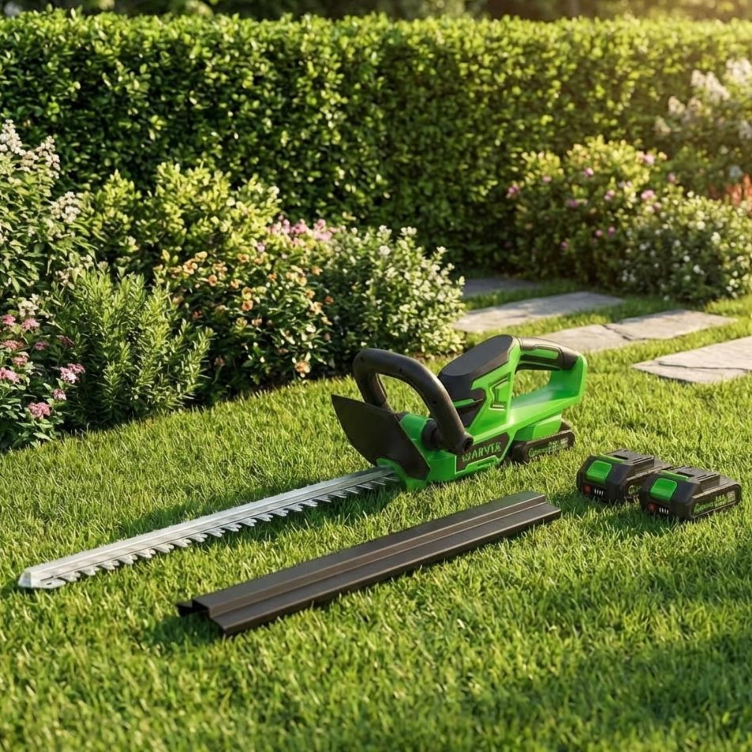 Garvee Cordless Hedge Trimmer, 20V Electric Handheld Hedge Cutter with 2x2.0Ah Battery and Charger for Gardening, Lawns, Green/Black