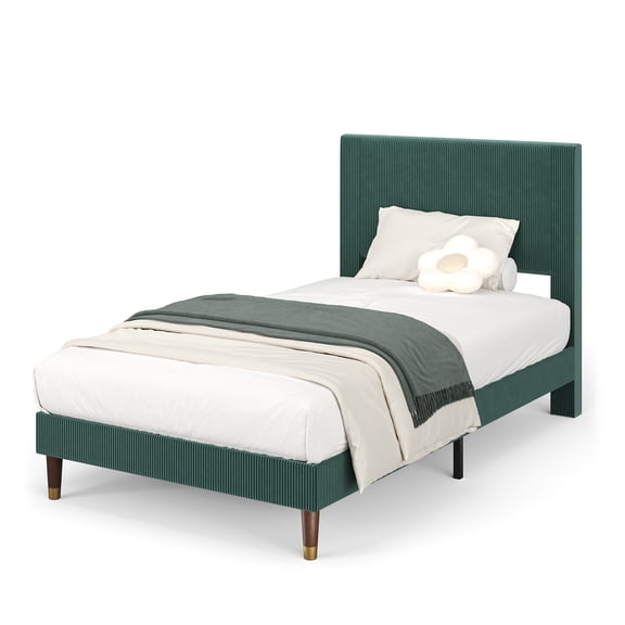 Garvee Corduroy Upholstered Platform Bed Frame with Headboard – Modern Style, Wooden Slats, Noise-Free, No Box Spring Needed, Easy Assembly – Bedroom or Dorm – Dark Green, Twin Size