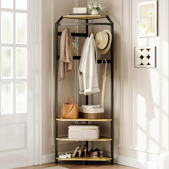 Garvee Corner Coat Rack With Shoe Bench and 6 Double Hooks, Corner Hall Tree - Clothes Rack With Storage Hall Tree With Organizer Shelf for Entryway, Hallway, Closet (02-Rustic Brown)