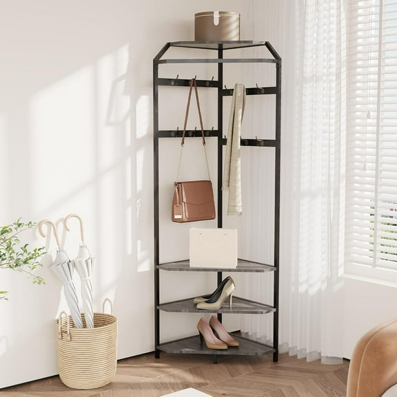 Garvee Corner Coat Rack with Shoe Bench Entryway and 12 Double Hooks, Corner Hall Tree - Corner Clothes Rack with Storage Corner Tree with Organizer Shoe Bench Shelf for Entryway, Hallway, Closet