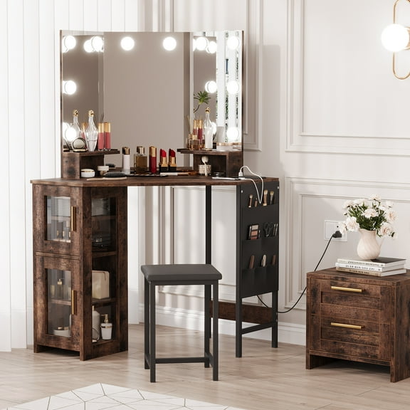 Garvee Corner Makeup Vanity Desk with Mirror and Lights – Charging Station, Stool, Acrylic-Door Cabinet, Hanging Storage Bag – Bedroom and Home Office Vanity Table with Storage, Bulb Mirror, Brown