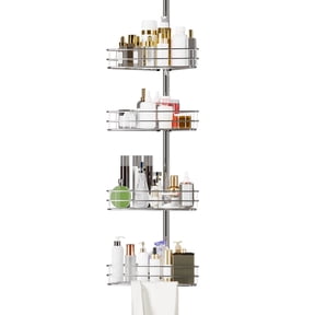 Garvee Corner Shower Tension Pole, 4-Tier Rustproof Bathroom Shelves with Built-In Towel Bars, 75-110 Inch Adjustable Bathtub Storage Organizer for Inside Shower, Silver