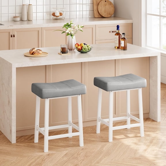 Garvee Counter Height Bar Stools Set of 2, 24-Inch Upholstered Saddle Barstools with Curved Cushions, Easy Assembly PU Leather Bar Chairs for Kitchen Island, Dining Room, Home Bar, Gray