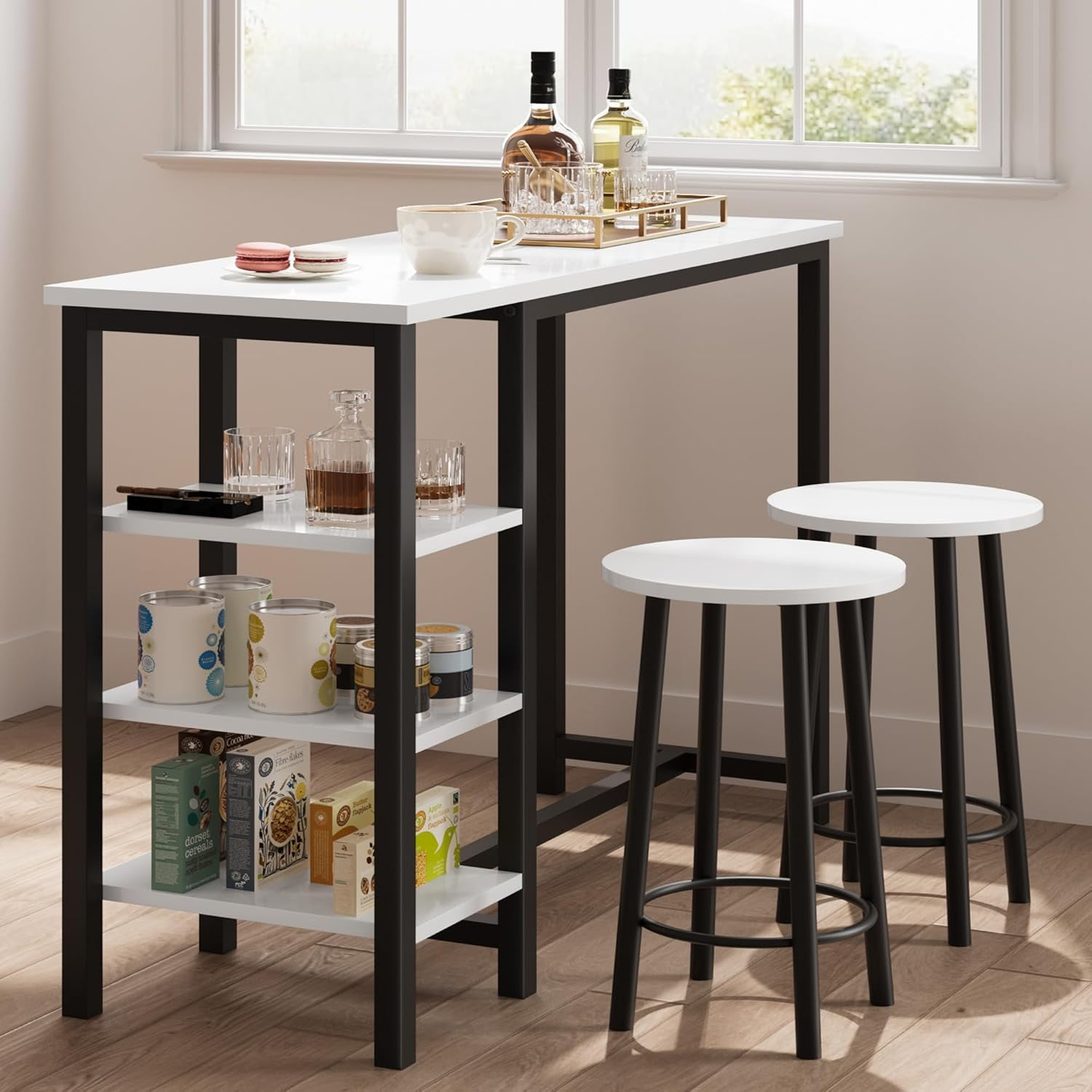 White and Black MDF and Metal Pub Table Set with Shelves