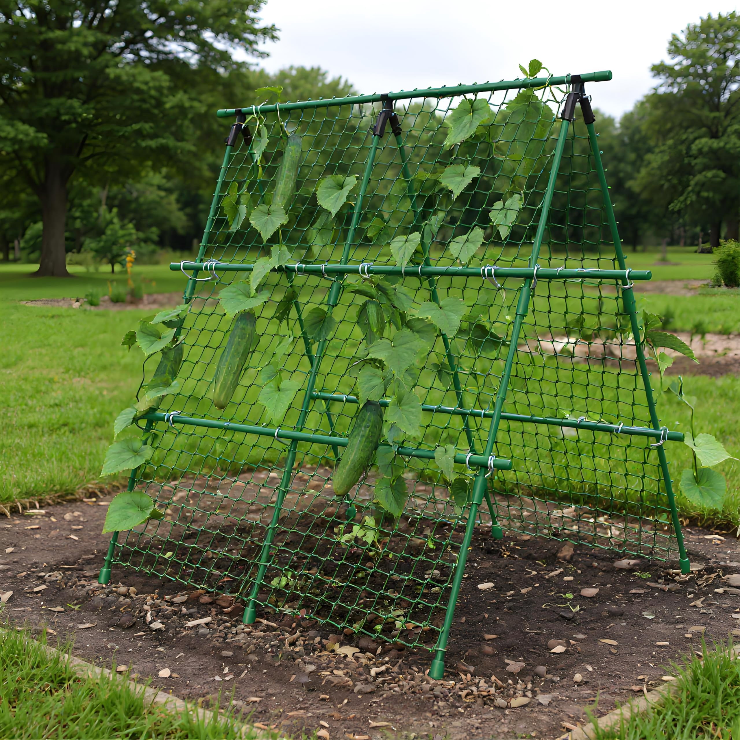 Garvee Cucumber Trellis, 4 ft x 4 ft Metal A-Frame Garden Trellis Climbing Plant Outdoor Support Fruit Grape Vine Vegetable Tomato Pea Bean Cucumber Trellis Raised Bed, Green