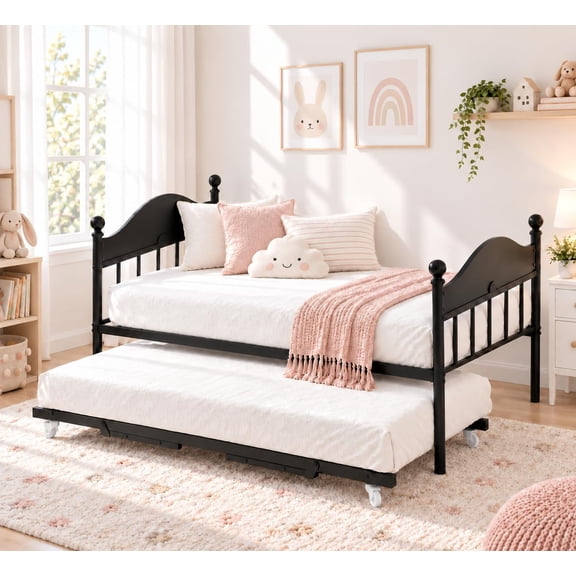 Garvee Daybed with Pop Up Trundle, Twin Trundle Beds for Guest Room, Black | Sofa BedFrame with Pop Up Foldable Trundle Bed, Heavy Duty Steel Slats Platform for Bedroom and Guest Room, Black