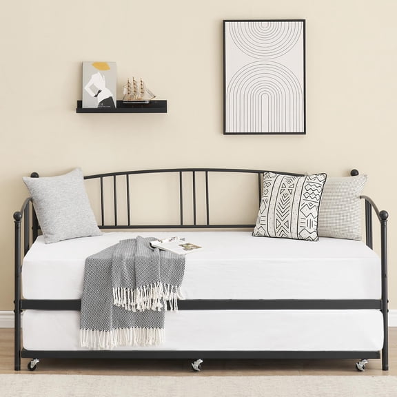 Garvee Daybed with Trundle, Sturdy Metal Day Bed with Steel Slat Support, Trundle Bed Twin with Arched Headboard, SofaBed for Living Room, Bedroom, Guest Room and Home Office, Black