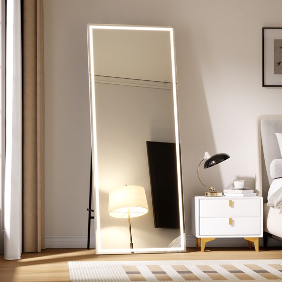 Garvee Dimmable 3-Color LED Full Length Mirror – Frameless HD Rectangle Body Mirror, Wall Mounted or Freestanding, Aluminum Frame, Shatterproof, for Bedroom, Bathroom, Living Room and Home Office
