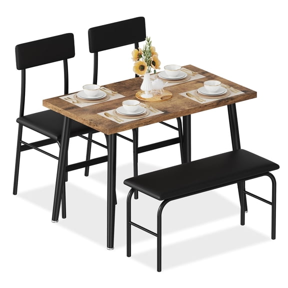 Garvee Dining Table Set for 4, Wood Kitchen Table with Upholstered Bench & 2 Chairs, Space-Saving Kitchen and Dining Room Furniture for Studio, Kitchen, Dining Room, Apartment, Retro