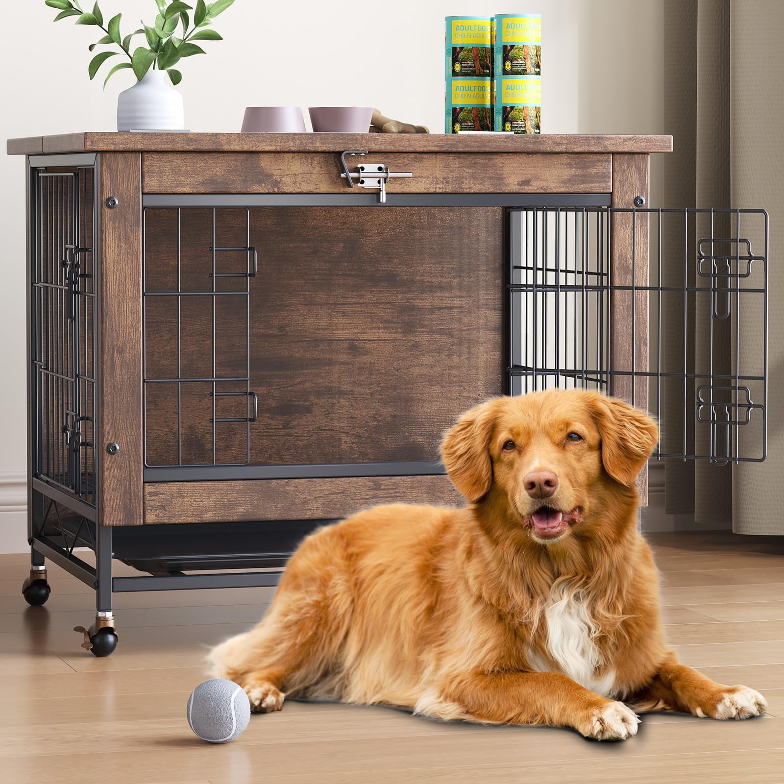 Garvee Dog Crate Furniture with Wheels & 2 Doors & Wheels 26.4" L Wooden Indoor Kennel for Small Medium Dogs