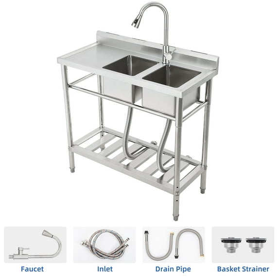 Garvee Double Bowl Utility Sink with Hot & Cold Faucet,Stainless Steel Kitchen Sink with Storage Shelves for Restaurant, Cafe, Bar, Hotel, Garage, Laundry Room