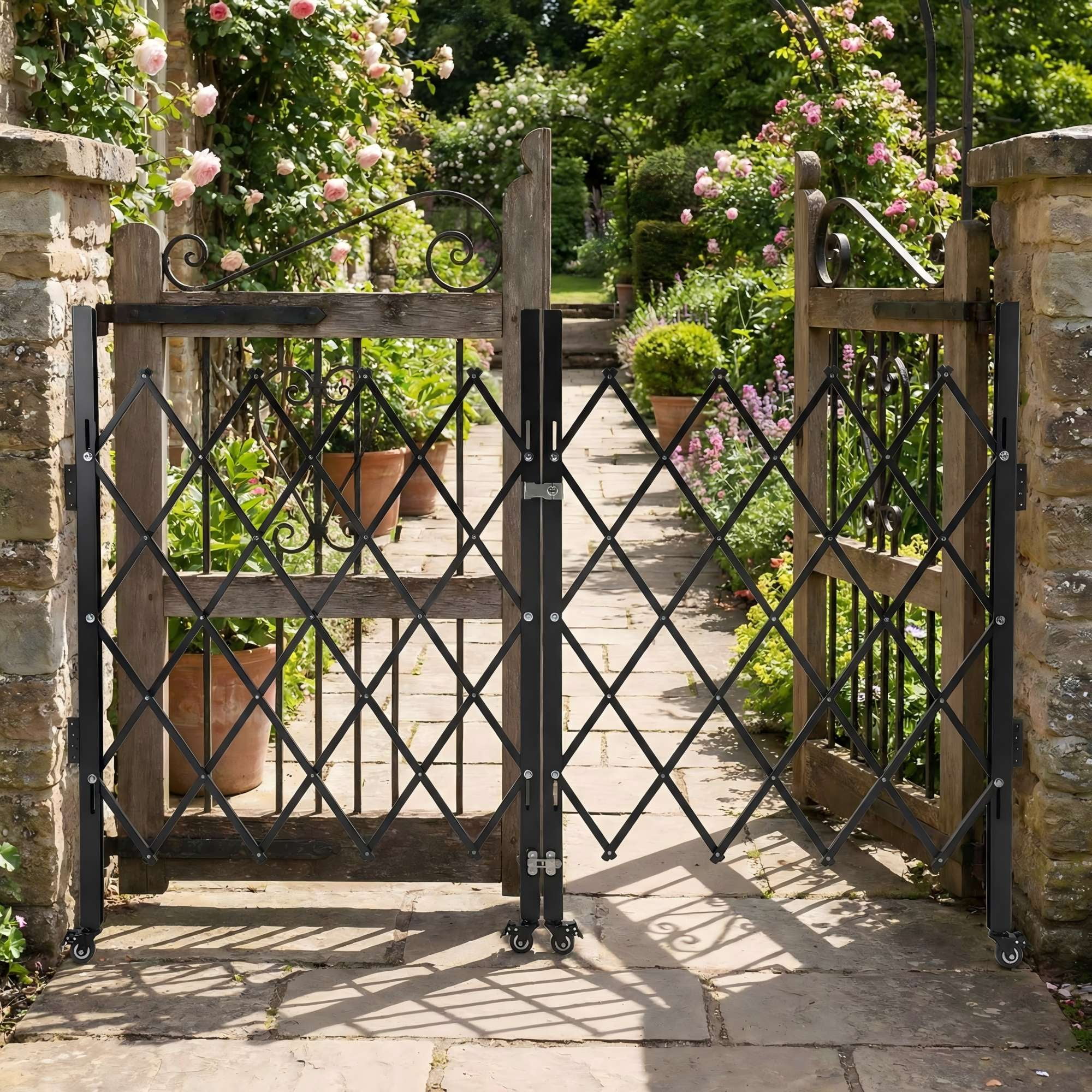 Garvee Double Folding Security Gate, 64"H x 122"W Lockable Steel Scissor Gate with 360° Casters, Retractable Outdoor Barricade