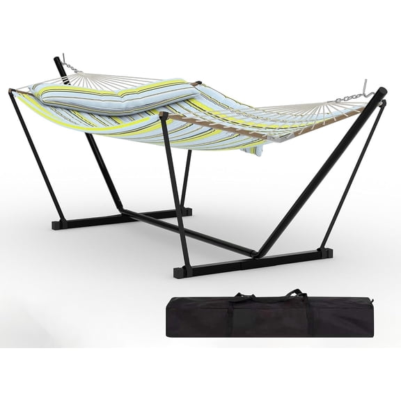 Garvee Double Hammock with Stand, Heavy Duty with Balance Rope, Blue & Green Stripes