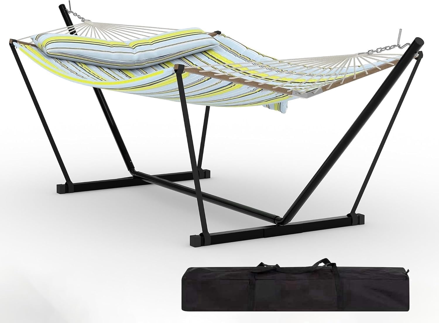 Garvee Double Hammock with Stand, Heavy Duty with Balance Rope, Blue & Green Stripes