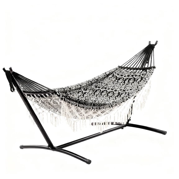 Garvee Double Hammock with Stand & Tassel, 450 ibs Max, 126 x 42.9 x 39.4", Geometric Stripes, Black & White
