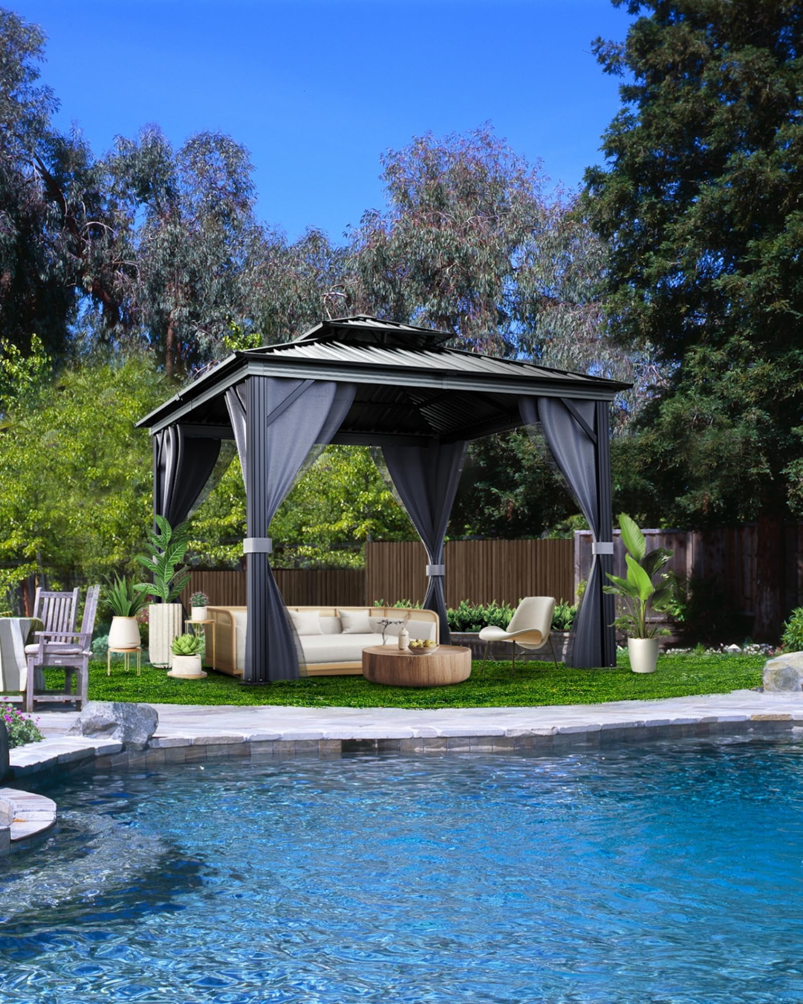 Garvee Double Roof Hardtop Gazebo, Durable Aluminum Frame, Mosquito Netting & Privacy Curtains – Outdoor Pavilion Canopy for Patio, Garden, Deck, Backyard Parties – Black + Gray, 10x10FT
